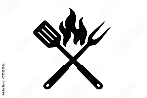 Black silhouette of crossed barbecue spatula and meat fork with rising flames