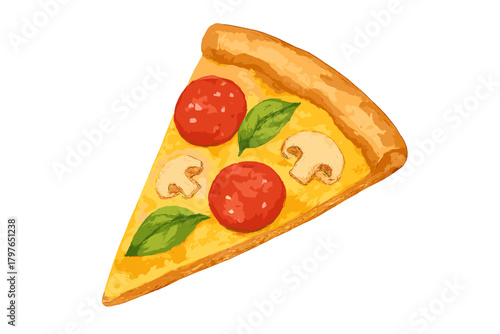 Appetizing slice of Italian pizza with pepperoni, mushrooms, and fresh basil isolated on white background