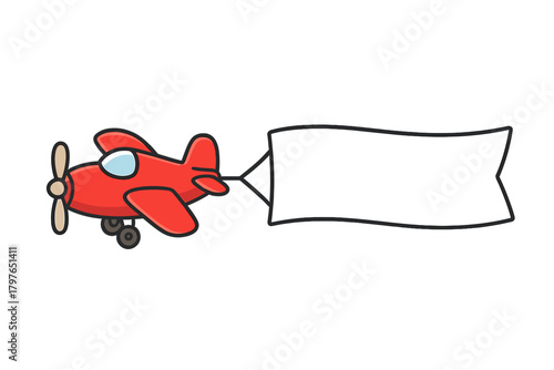 Red cartoon airplane flying and pulling a blank white advertising banner for custom text