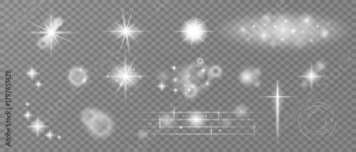 Set of light effects. Sparkles, glints, bokeh, and lens flares on a transparent background. Isolated design element for overlay.
