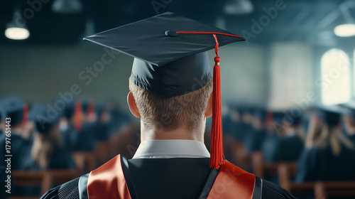 Graduate looking forward to a bright future with classmates in graduation gowns at convocation ceremony, celebrating academic success and achievement