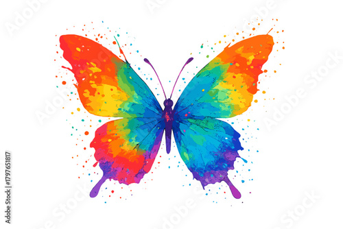 Vibrant watercolor butterfly with rainbow wings and paint splatters on a clean white background