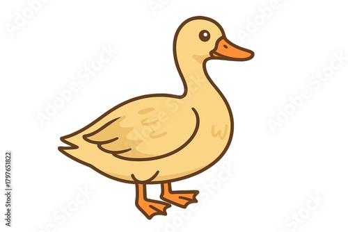 Simple flat style cartoon drawing of a cute yellow duck with orange beak and webbed feet standing isolated