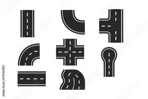 Modular black silhouette road segments and highway parts for map design and infrastructure projects