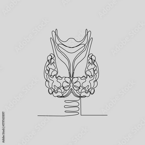 A single continuous line drawing of the human thyroid gland, larynx, and trachea. This minimalist anatomical illustration is perfect for medical, educational, or wellness projects.