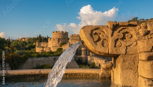 Typical Sicilian Fountain with water and sky, urban density