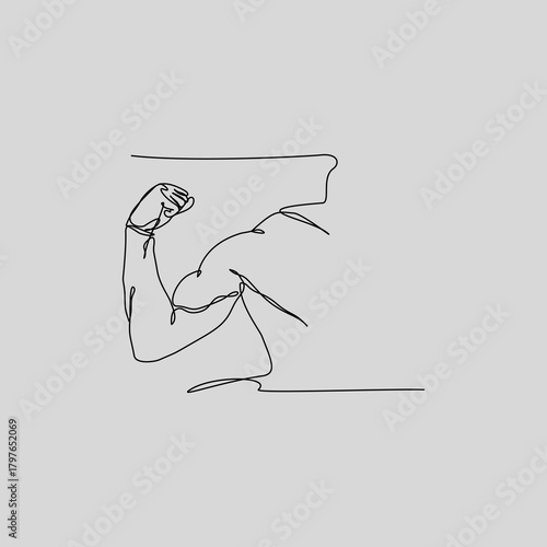 A single continuous line art  drawing of a human arm with a flexing bicep muscle. This illustration symbolizes strength, power, and fitness, great for gyms or branding.