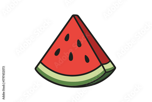 Triangular wedge of ripe red watermelon fruit with seeds and green striped rind