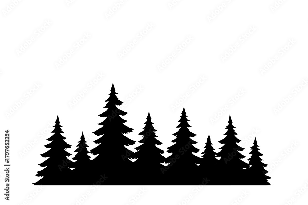 Obraz premium Black silhouette of a dense coniferous forest border or woodland landscape design element