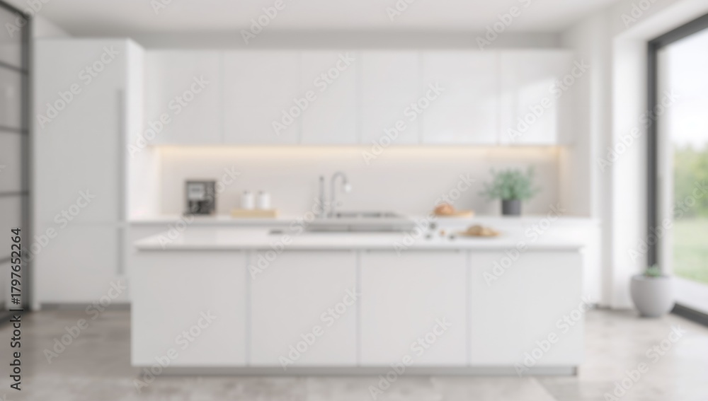 Fototapeta premium Minimalist kitchen featuring white cabinets, soft background focus, ideal for modern interior design themes