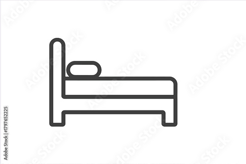 Outline drawing of a single bed with headboard and pillow suitable for accommodation and hotel concepts