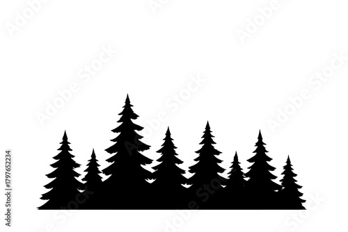 Black silhouette of a dense coniferous forest border or woodland landscape design element