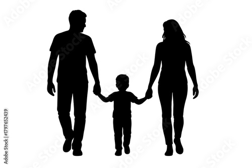 Full length silhouette of a happy family walking together holding hands against a clean white background