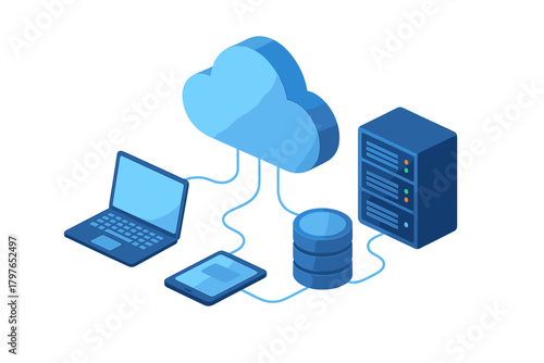 Isometric cloud storage network infrastructure with server, database, and connected devices