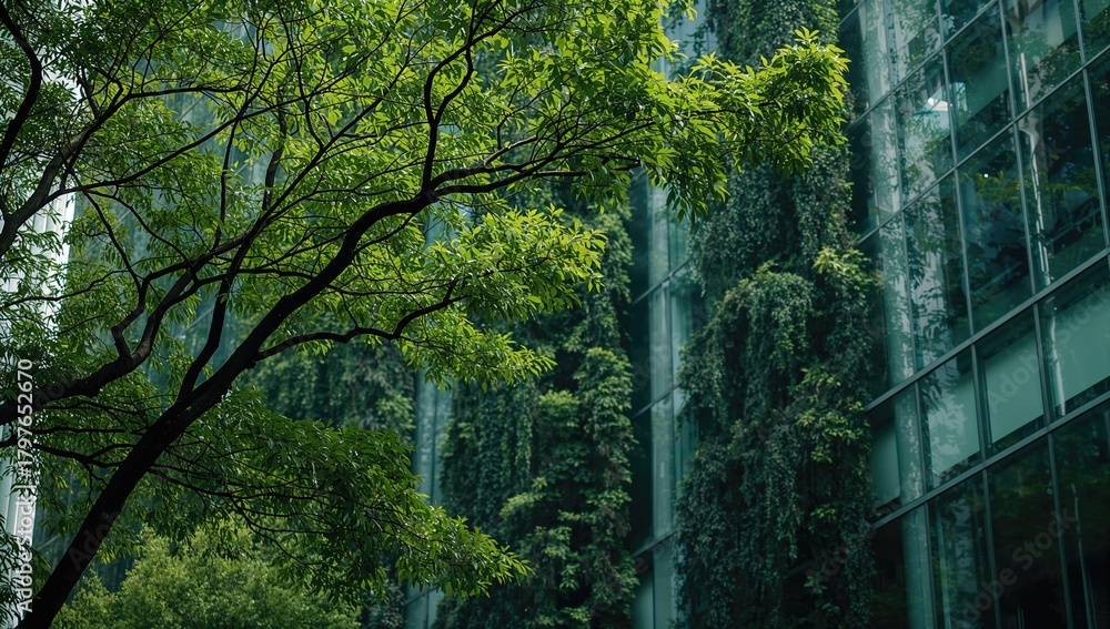 Fototapeta premium Selective focus on tree and eco-friendly building featuring vertical garden, sustainability emphasis