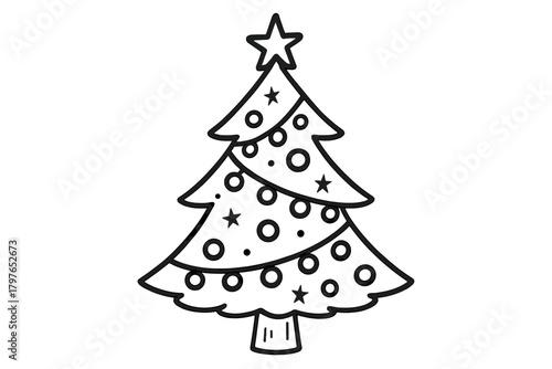 Stylized outline of a Christmas tree decorated with ornaments and a star topper