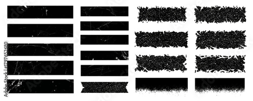 Extensive collection of black horizontal grunge vector banners and distressed elements with rough edges and scratch texture.