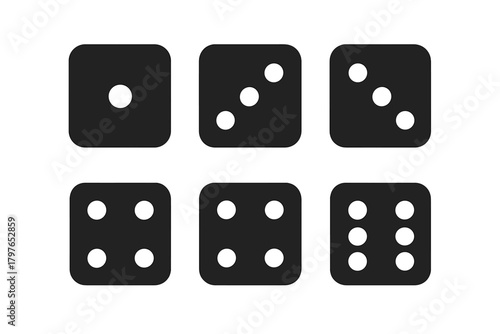 Minimalist black and white icons showing the six sides of a standard die