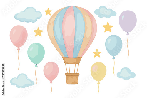 Pastel colored hot air balloon with floating party balloons, fluffy clouds, and bright yellow stars