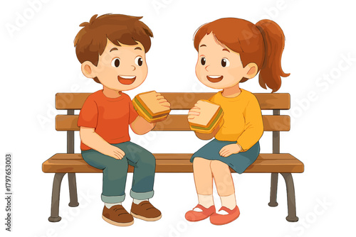 Smiling boy and girl sharing lunch sandwiches while sitting together on a park bench