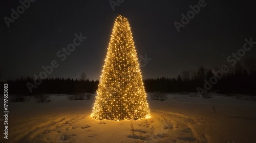 Magical Glowing Christmas Tree on Snowy Winter Night Under Starry Sky