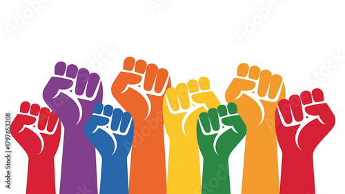 Rainbow colored raised fists vector symbol for unity and protest