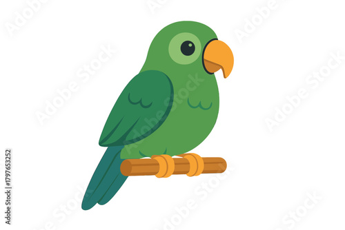Adorable green parrot bird character sitting calmly on a brown wooden perch