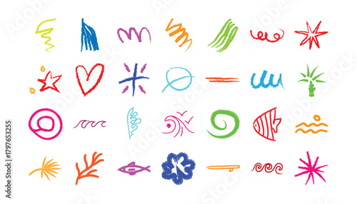 Collection of colorful hand drawn abstract shapes and symbols on white background