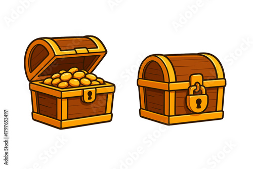 Wooden treasure chests set, one open and filled with gold coins, one closed with a padlock