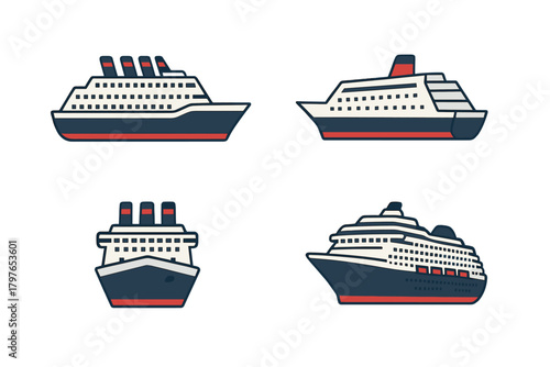 Stylized passenger liner and cruise ship icons for maritime travel concepts