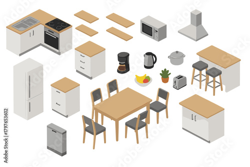 Modern isometric kitchen furniture and appliances set including cabinets refrigerator stove dining table chairs
