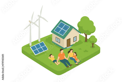 Sustainable living concept with family, eco house, solar panels, and wind turbines on green land