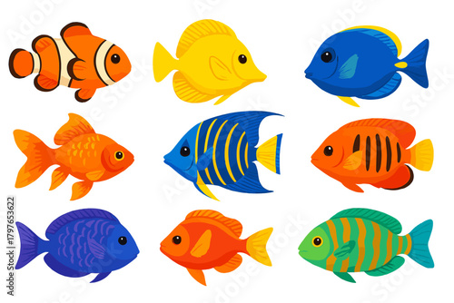 Vibrant assortment of tropical fish characters isolated on white background
