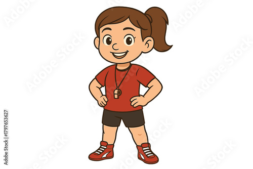 Confident female coach or sports instructor standing with hands on hips wearing a whistle