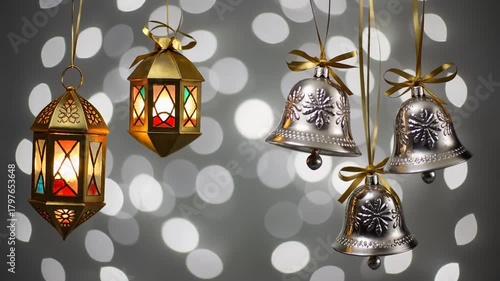 Festive Gold Lanterns and Silver Bells with Bokeh Background