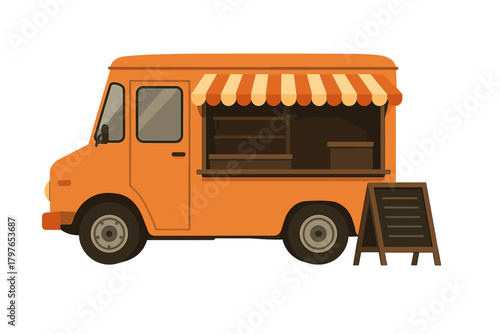 Isolated orange street food vendor truck with striped awning and blank menu board for catering service