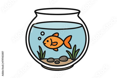 Cute orange goldfish swimming in a small glass fishbowl with aquatic plants