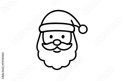 Minimalist black and white graphic of Santa Claus head with full beard and Christmas hat