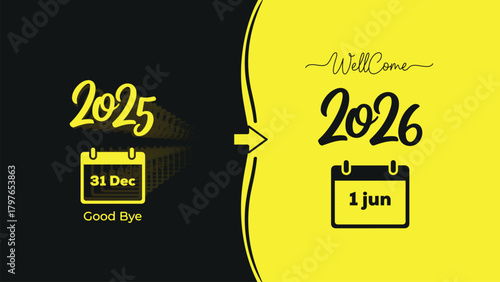 A bold, two-tone graphic illustrating a time transition from 2025 (31 Dec) to 2026 (1 Jun). The inconsistent dates and misspelled text make it suitable only for design concept tutorials.