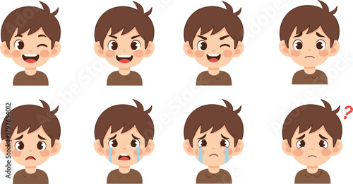Cartoon boy emotional expressions, eight mood faces, child psychology illustration, facial emotion chart, kids feelings, educational character design