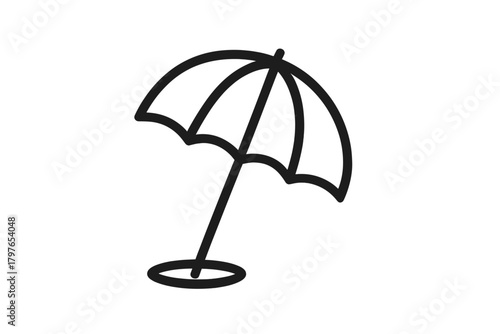 Minimalist black outline icon of a beach umbrella providing sun shade for summer holidays