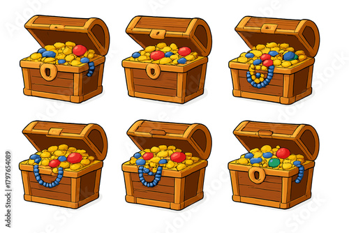 Six open wooden treasure chests overflowing with gold coins and precious colorful jewels