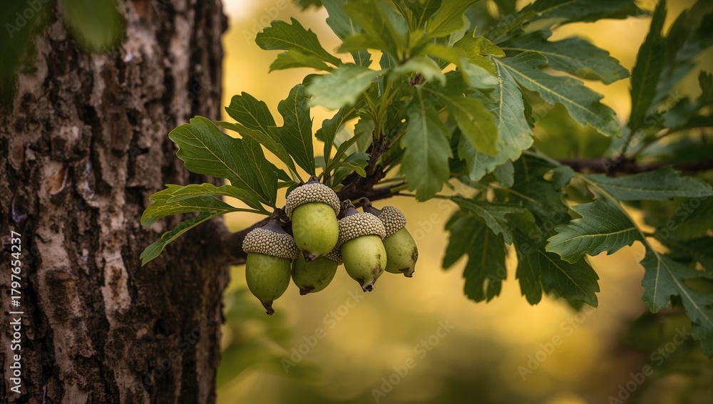 Obraz premium Close-up of young green acorns on an oak branch, showcasing seasonal growth