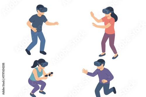 People using virtual reality headsets and controllers for gaming or metaverse interaction in isometric view