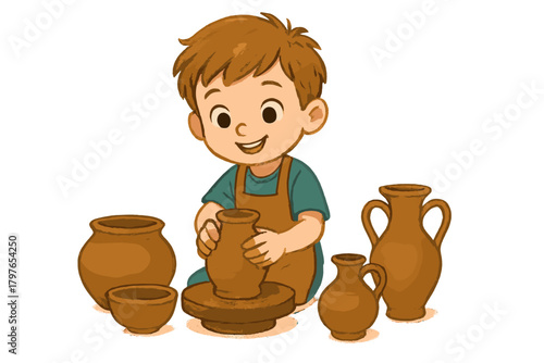 Happy young boy crafting clay pots on a pottery wheel near finished earthenware vessels