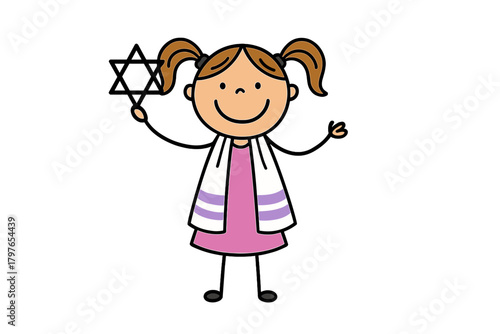 Young girl wearing a prayer shawl holding the Star of David symbol of Jewish identity