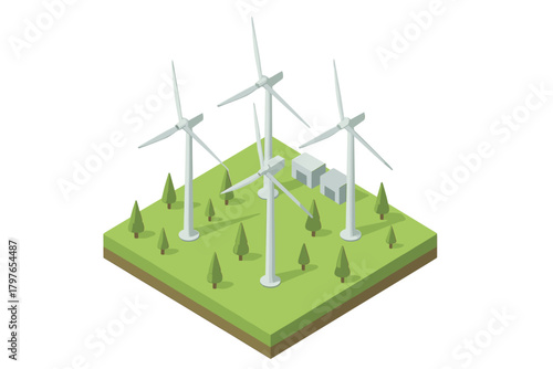 Isometric wind farm with turbines generating clean renewable energy on green landscape