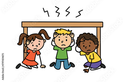 Diverse elementary school children practicing earthquake safety drill under a table