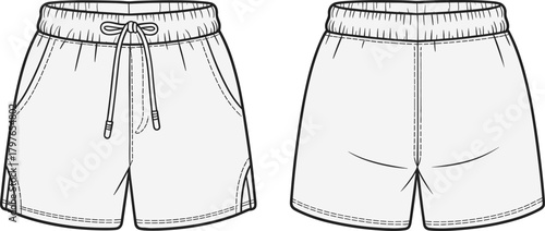 Detailed vector illustration of drawstring athletic shorts showing front and back views with stitching, pockets, elastic waistband, and technical fashion design template