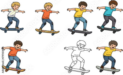 Cartoon boys skateboarding, colorful outfits, dynamic motion, sport activity, outdoor fun, playful energy, youth lifestyle, character design, action pose, movement